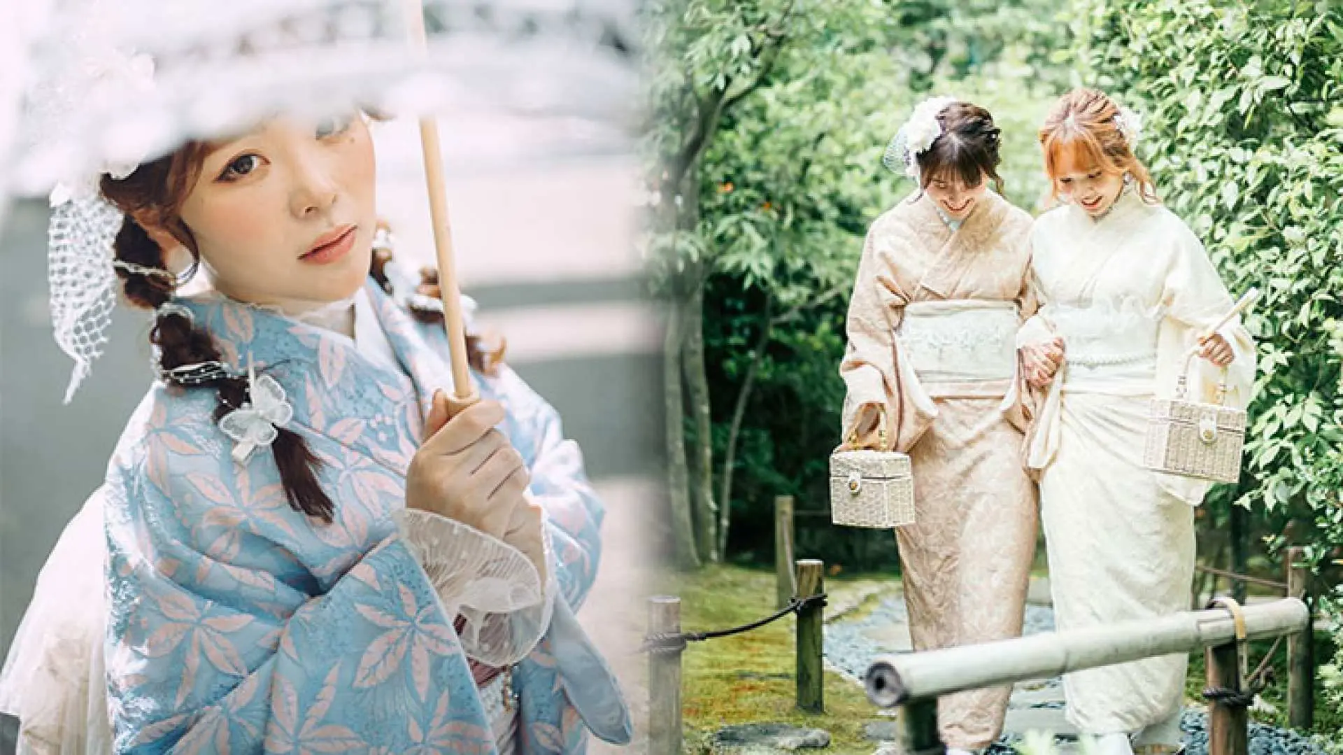 Hai phụ nữ tận hưởng trải nghiệm kimono ở Asakusa Tokyo: một người cầm ô ren trắng, và một cặp bạn bè khác dạo bước trong vườn Nhật Bản với kimono thanh lịch, thể hiện sự duyên dáng và tình bạn.