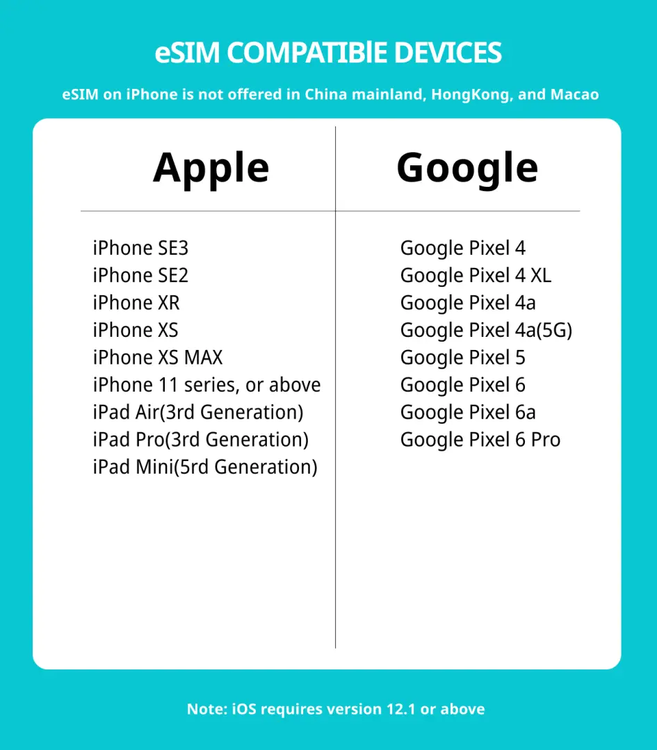 English table clearly listing eSIM compatible device models from Apple (iPhone, iPad) and Google (Pixel phones), crucial for customers checking device readiness for the Saipan eSIM.