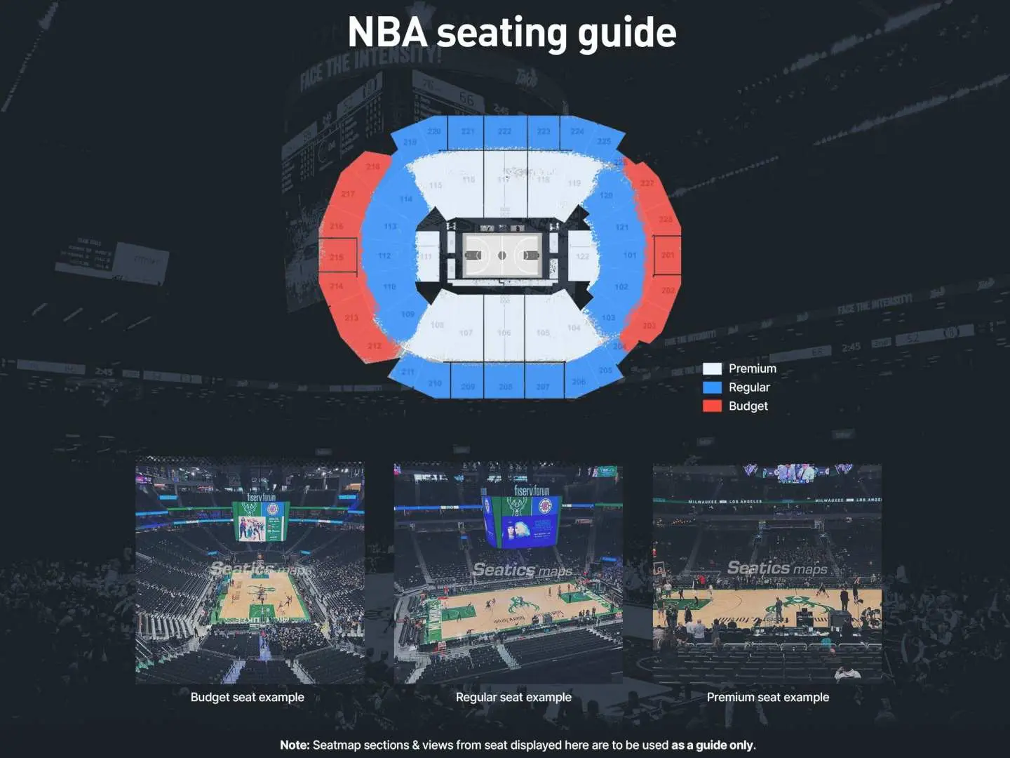 NBA game seating guide diagram, detailing budget, regular, and premium seating views at the Los Angeles Lakers home court, helping fans choose the best viewing position.