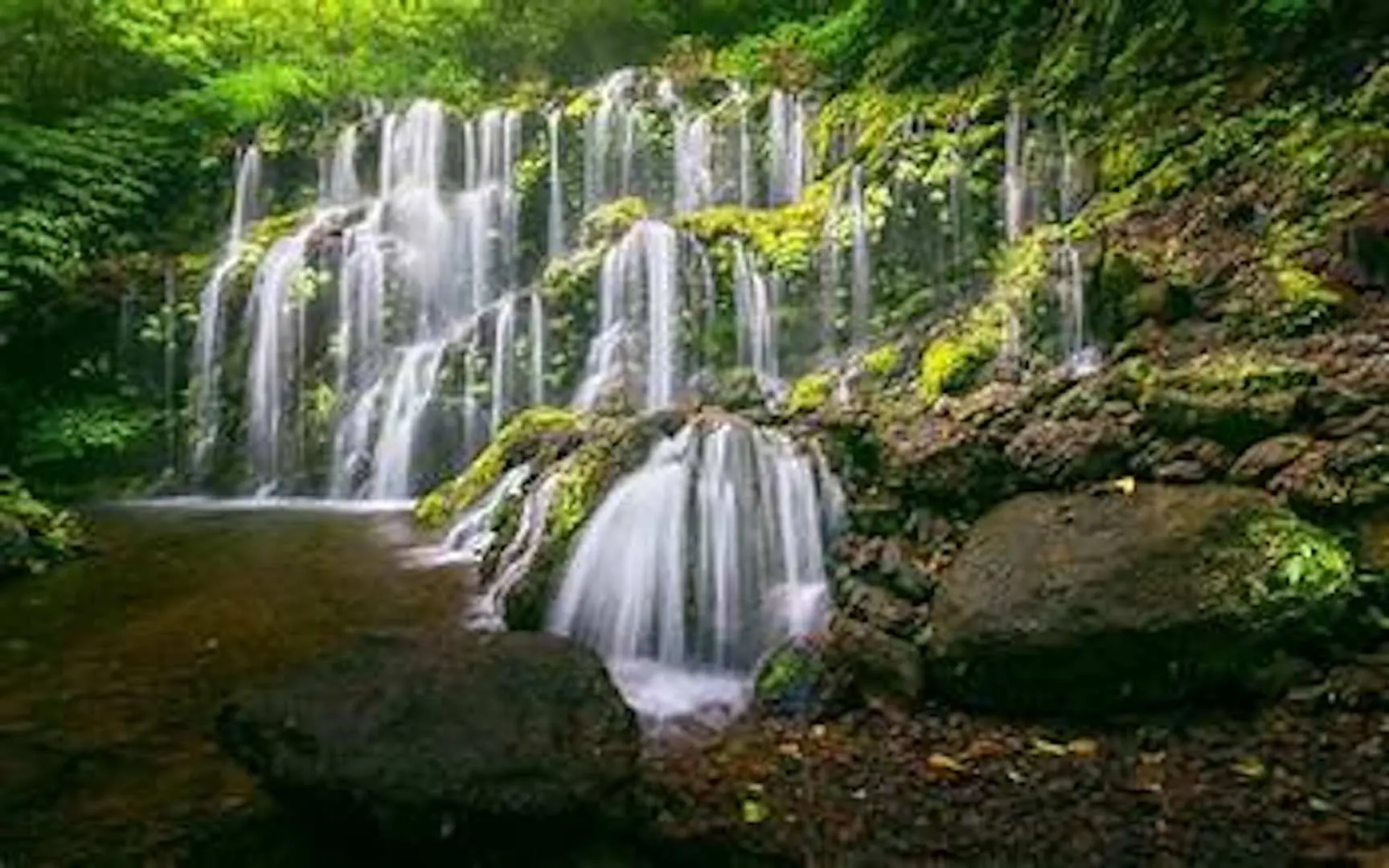 Bali Munduk trekking: Experience Banyu Wana Waterfall, where multi-tiered water flows gracefully over moss-covered rocks, enveloped by dense tropical forest.