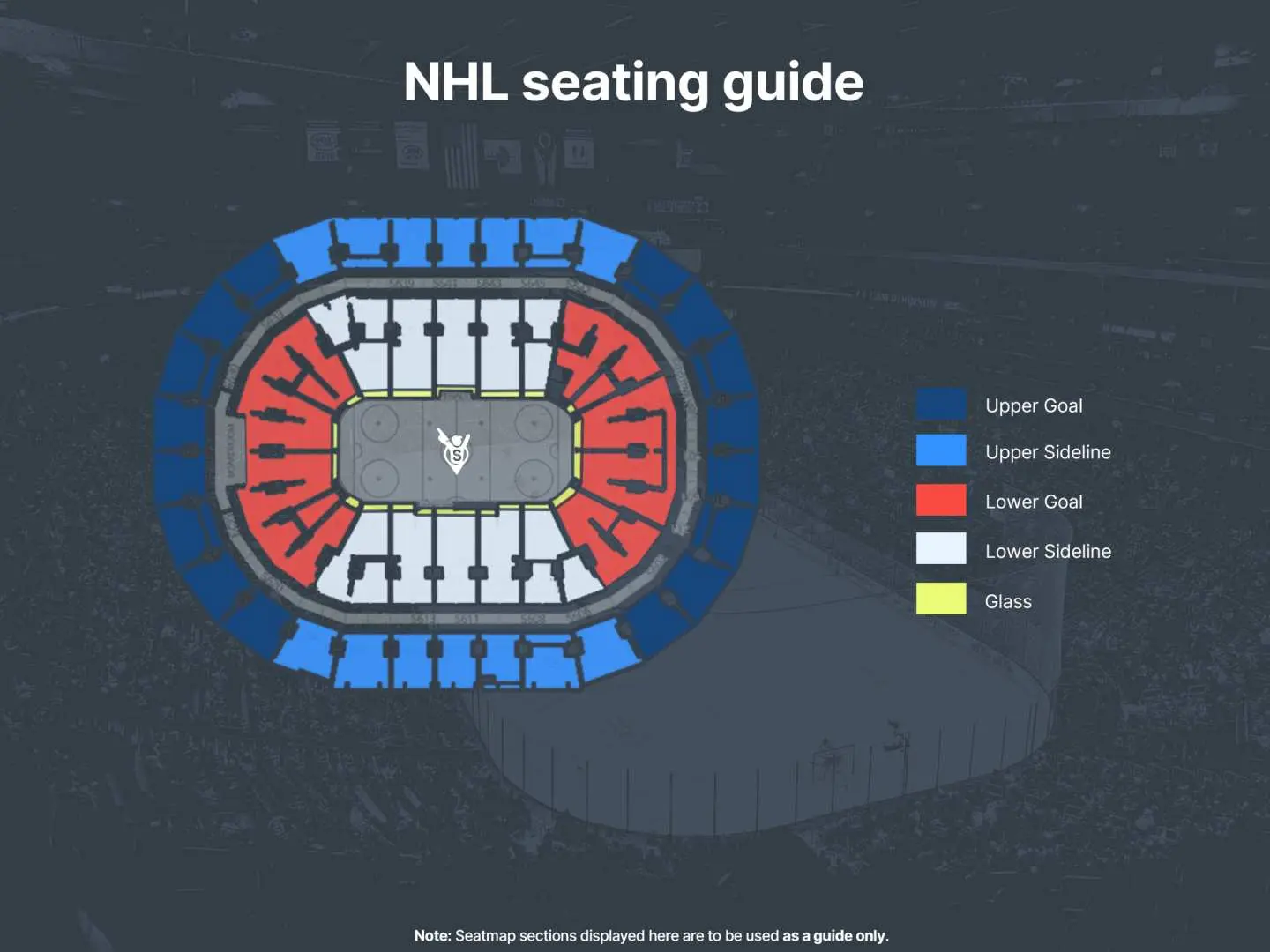 NHL冰球賽事的座位指南，圖示化呈現洛杉磯加密貨幣網體育館內不同的觀賽區域，方便球迷選擇理想的洛杉磯國王隊比賽門票。