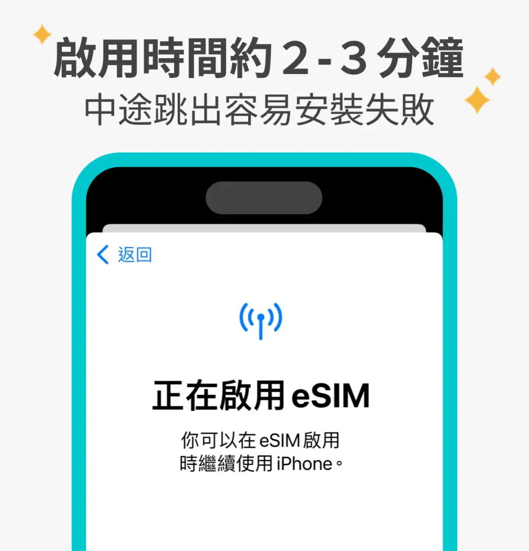 韓國eSIM啟動進度圖，手機畫面顯示「正在啟用eSIM」，提示啟用時間約需2-3分鐘，方便用戶了解等待狀況。