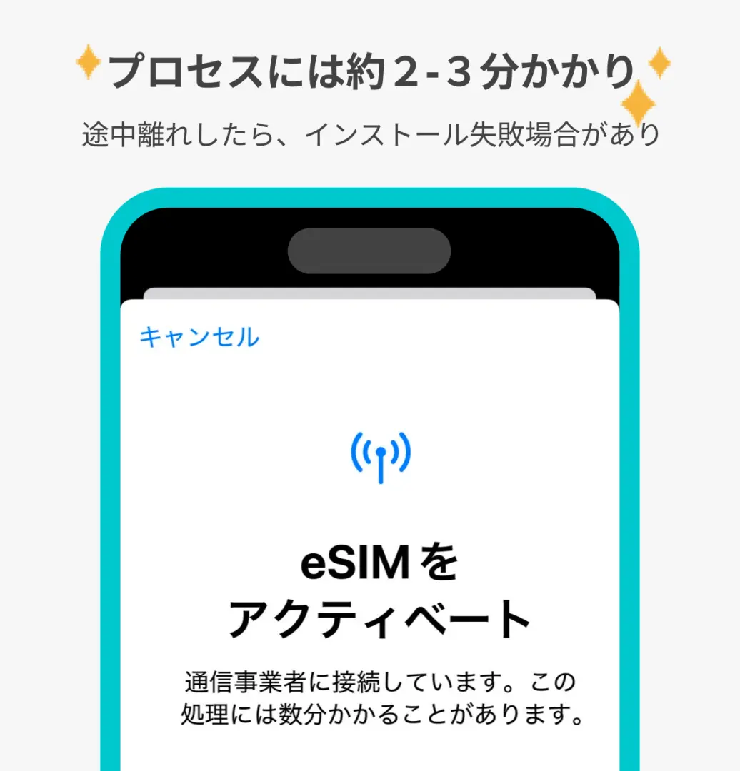 韓国eSIMのアクティベーションプロセスの図。携帯電話画面に「eSIMをアクティベート」と進行状況バーが表示され、アクティベーションには約2-3分かかり、中断しないよう指示しています。
