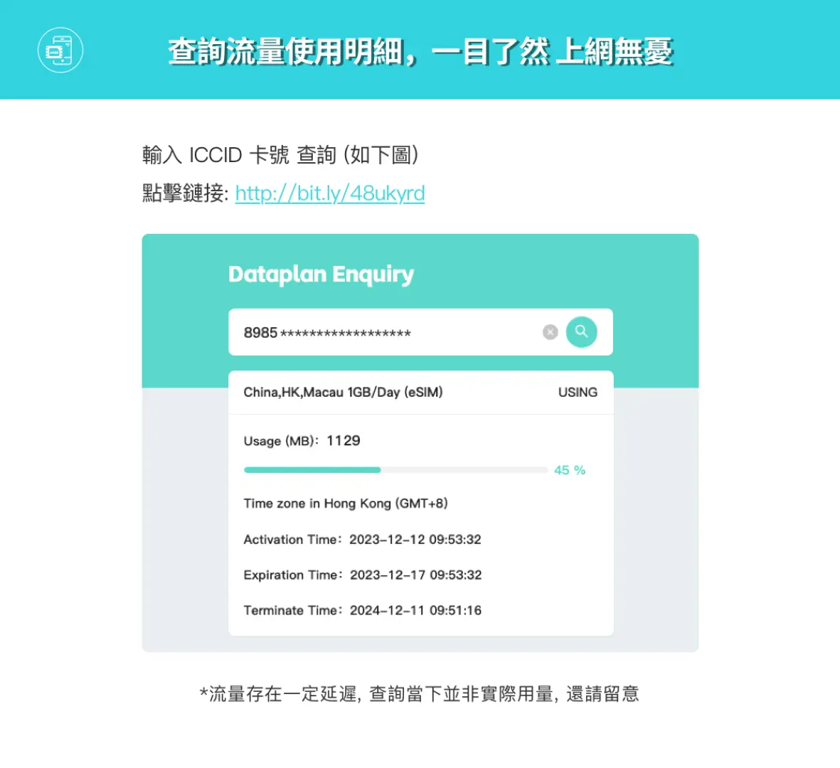 简体中文界面展示马来西亚eSIM数据流量查询系统，清楚显示ICCID号码、剩余流量、启用和到期日期，轻松管理。
