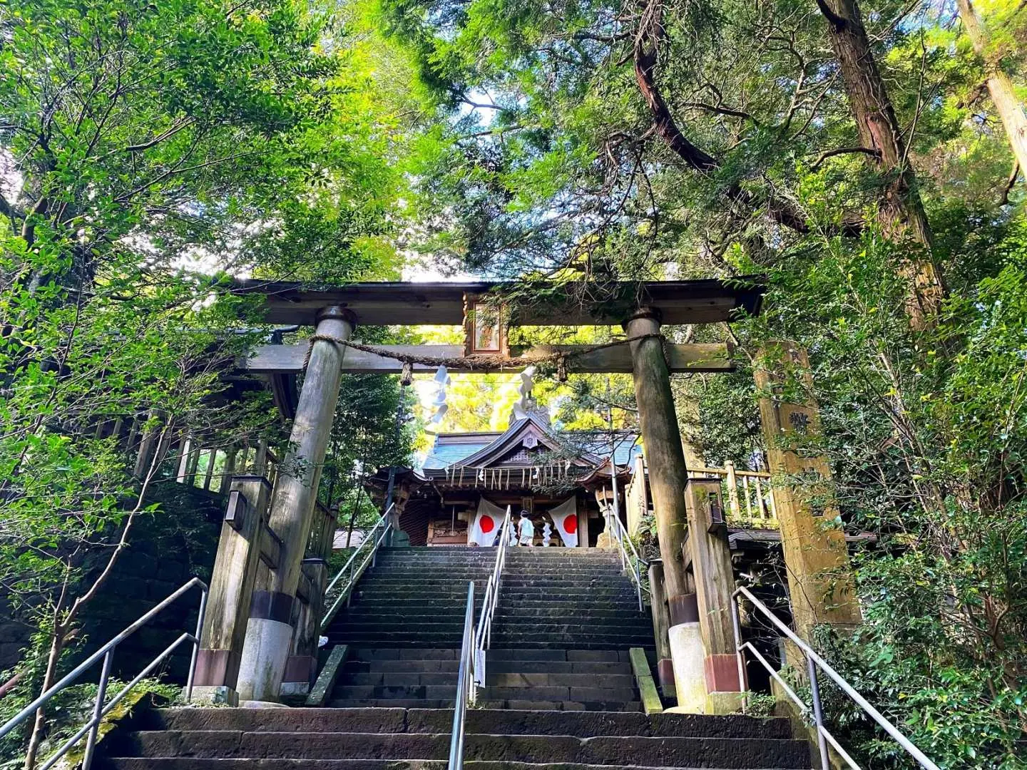 通往高千穗神社或天岩户神社的石阶与神圣鸟居，两旁绿树参天，引导游客进入这座充满神话色彩的能量圣地。