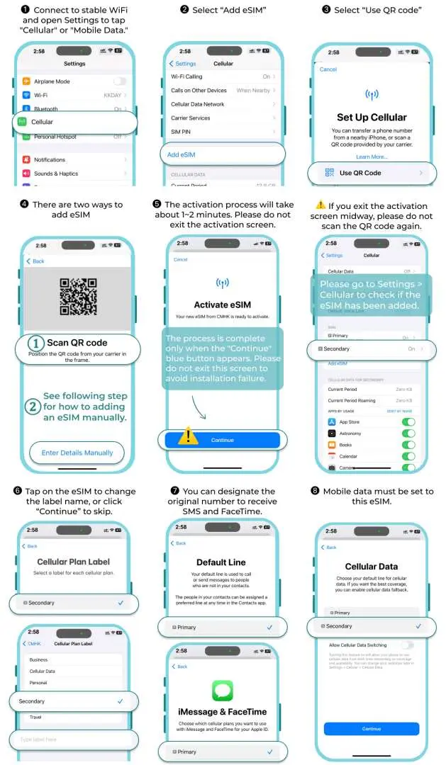 iPhone screen displaying English step-by-step instructions for installing Thailand Truemove H 5G eSIM, detailing how to connect Wi-Fi, scan QR code, and complete setup for easy activation.