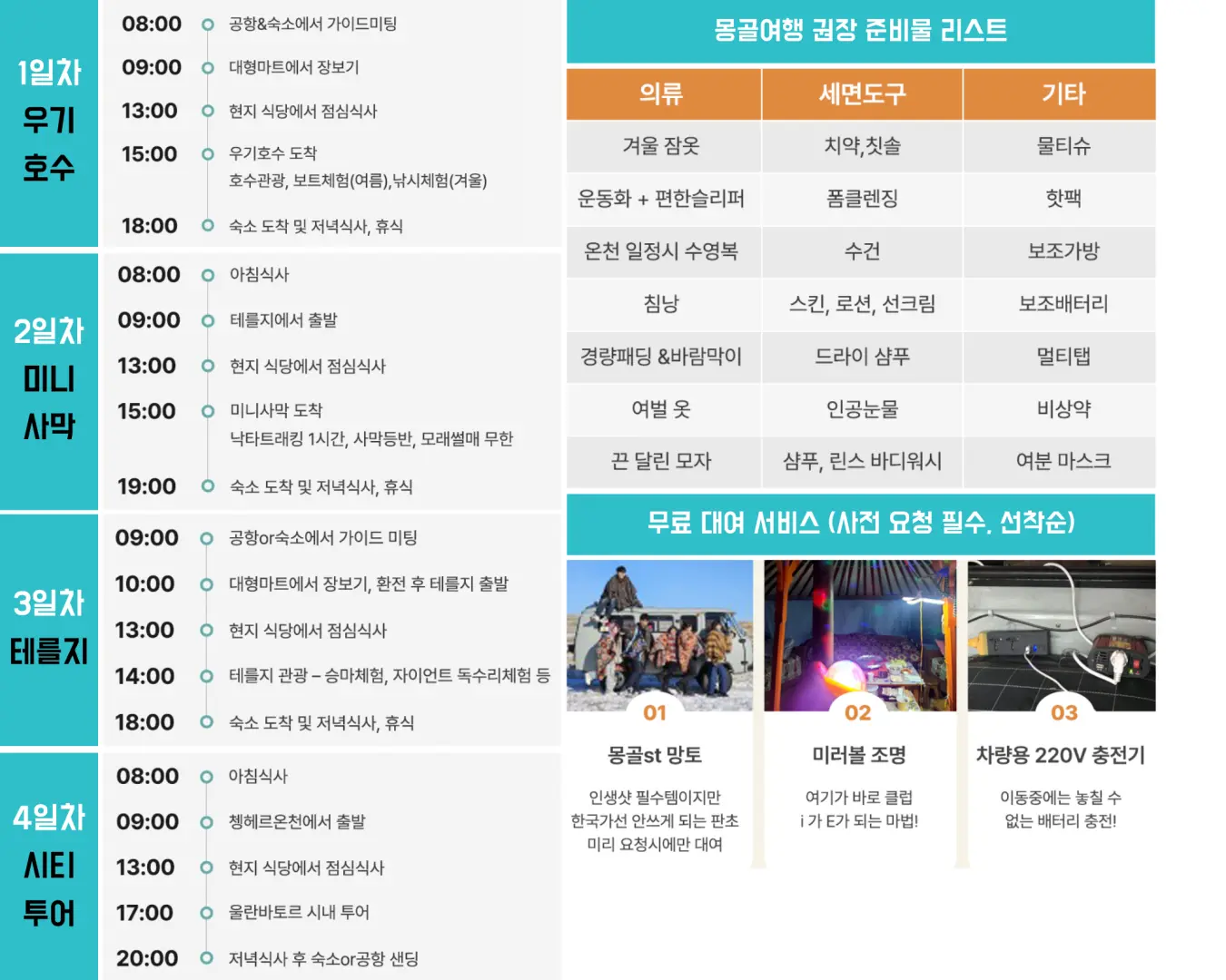 4일 3박 몽골 여행의 자세한 한국어 일정표. 매일의 활동, 추천 준비물, 그리고 편안한 휴가를 위한 무료 대여 서비스를 상세히 설명합니다.