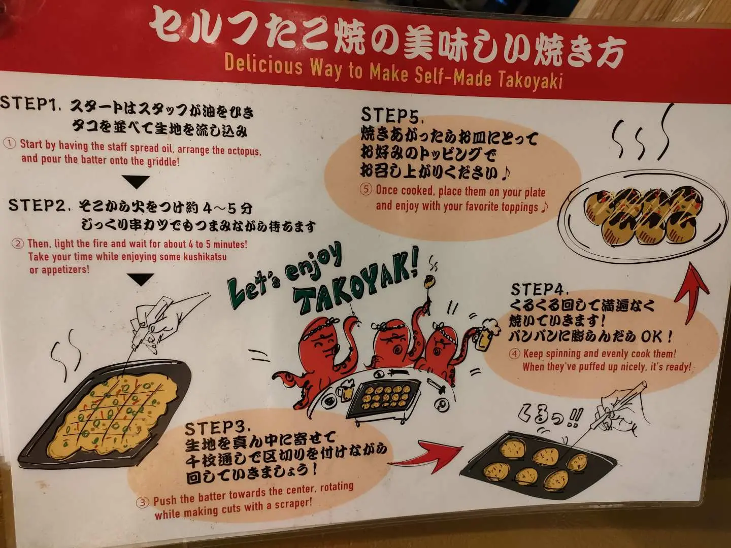 Don't worry if it's your first time making takoyaki. There are instructions on each table, and the guide will carefully teach you how to make it.