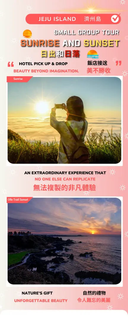 济州岛日出日落小团旅游宣传横幅，图中一位游客正在拍摄壮观的日出或日落，下方是偶来小路沿海的绝美夕阳，强调独特体验与酒店接送。