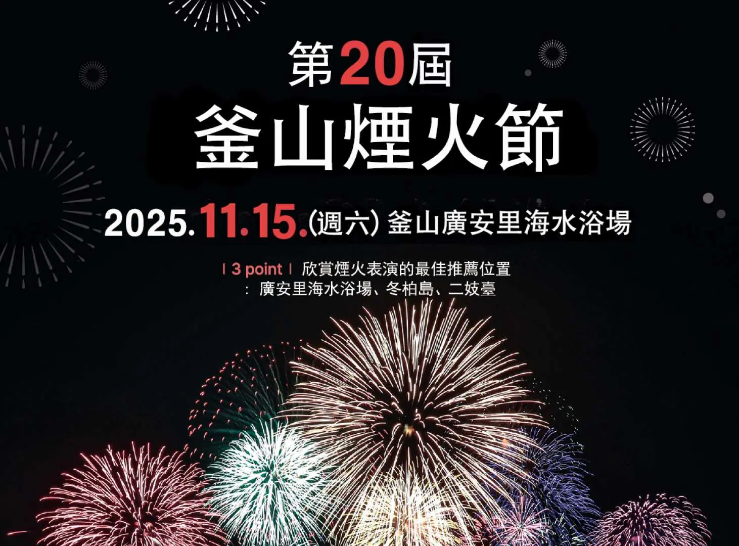第20屆2025釜山煙火節宣傳圖，顯示11月15日於廣安里海水浴場舉行，搭配多點發射煙火的設計。