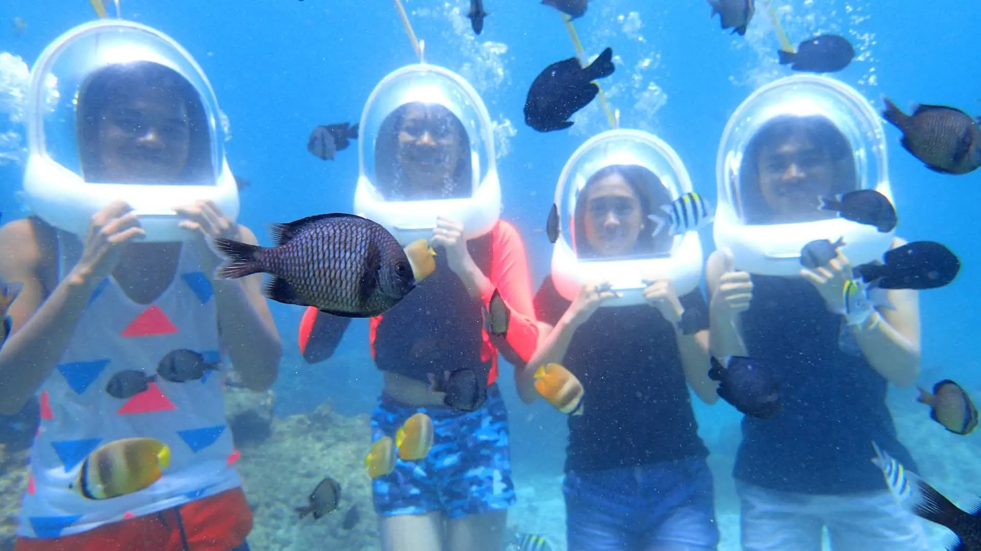 Four happy visitors enjoying Boracay's helmet diving experience, surrounded by schools of colorful tropical fish in crystal-clear waters, offering a joyful interaction with marine life.