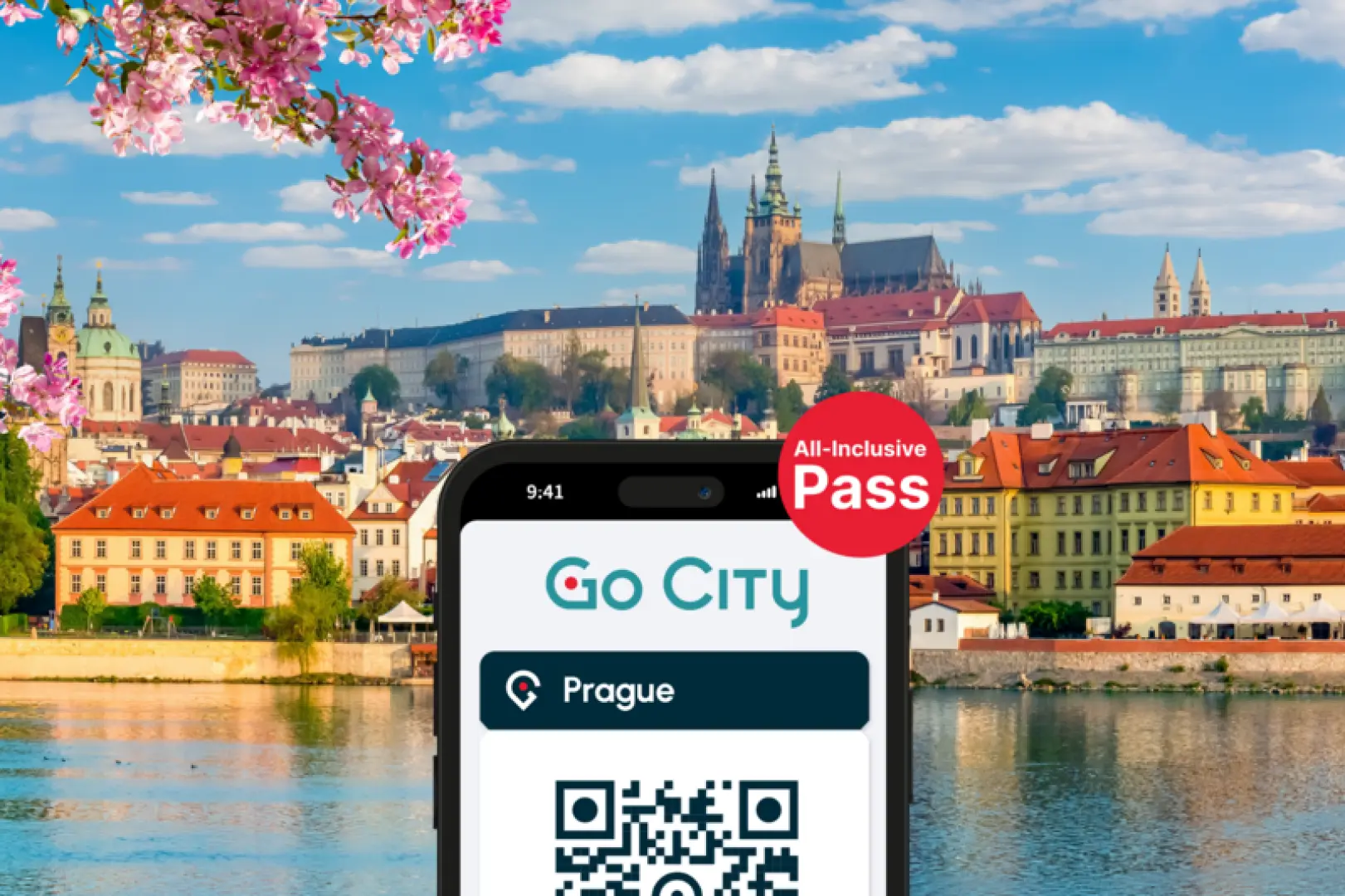 Smartphone displaying the Go City Prague All-Inclusive Pass e-ticket with QR code, set against a vibrant background of Prague Castle, Charles Bridge, and Vltava River, highlighting seamless digital entry.