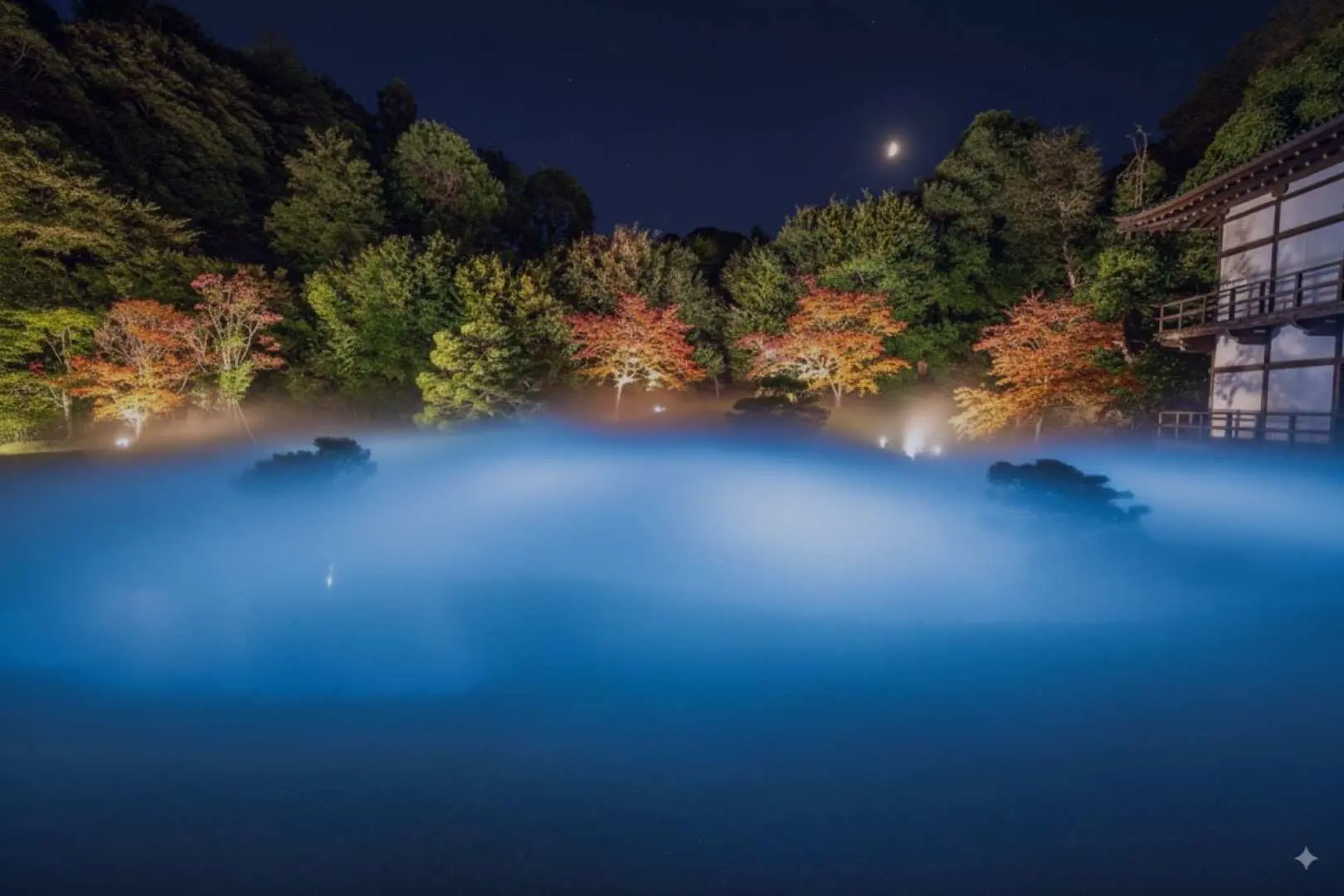 鎌倉建長寺の夜間禅行。寺院の池に青い霧が立ち込め、両岸の紅葉が夜間照明で幻想的に輝き、遠景には伝統的な建物が佇む。