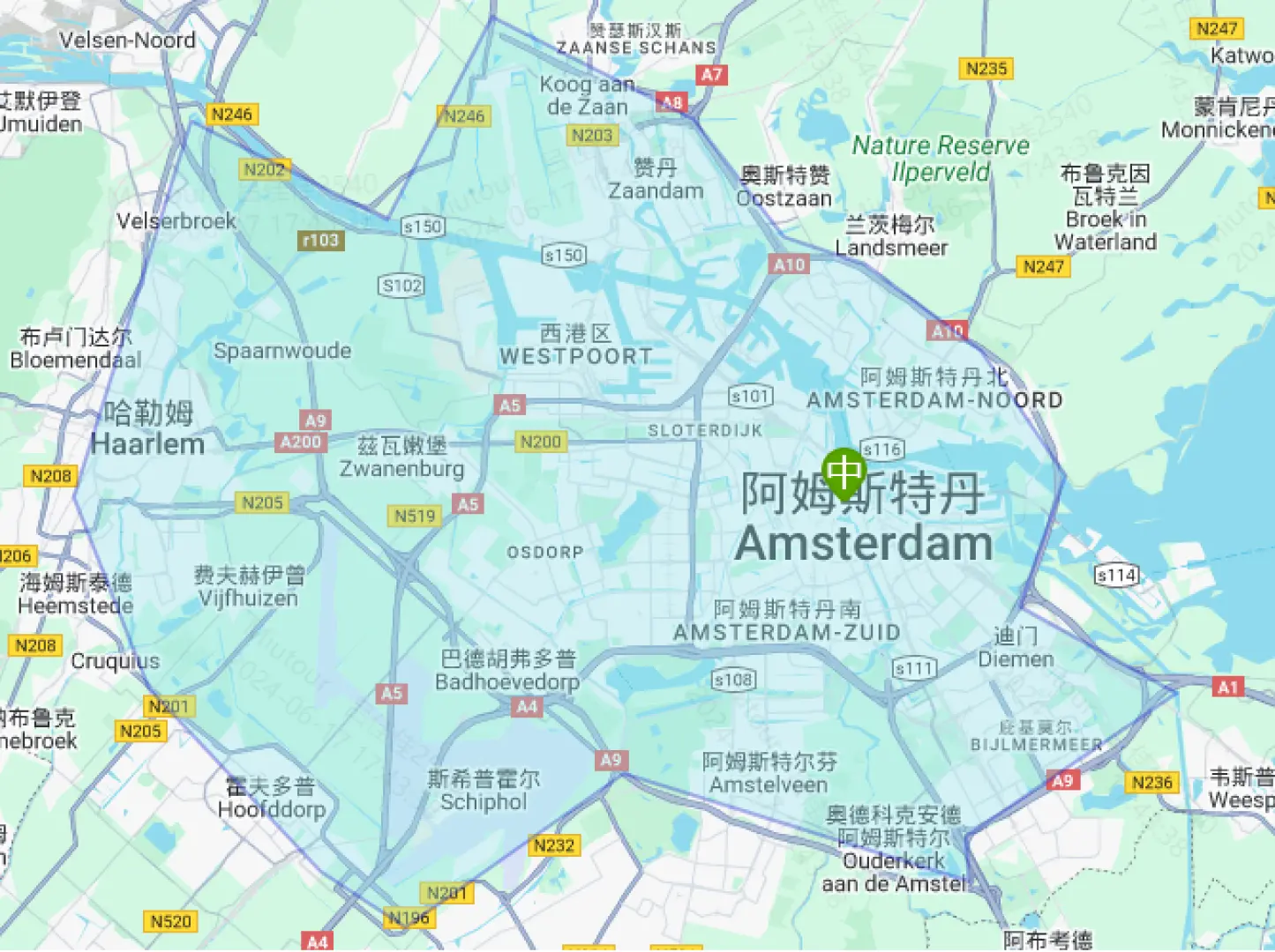 Map of Amsterdam city, clearly marking Centraal Station and main routes, illustrating the private transfer service area for convenient travel to and from city hotels.