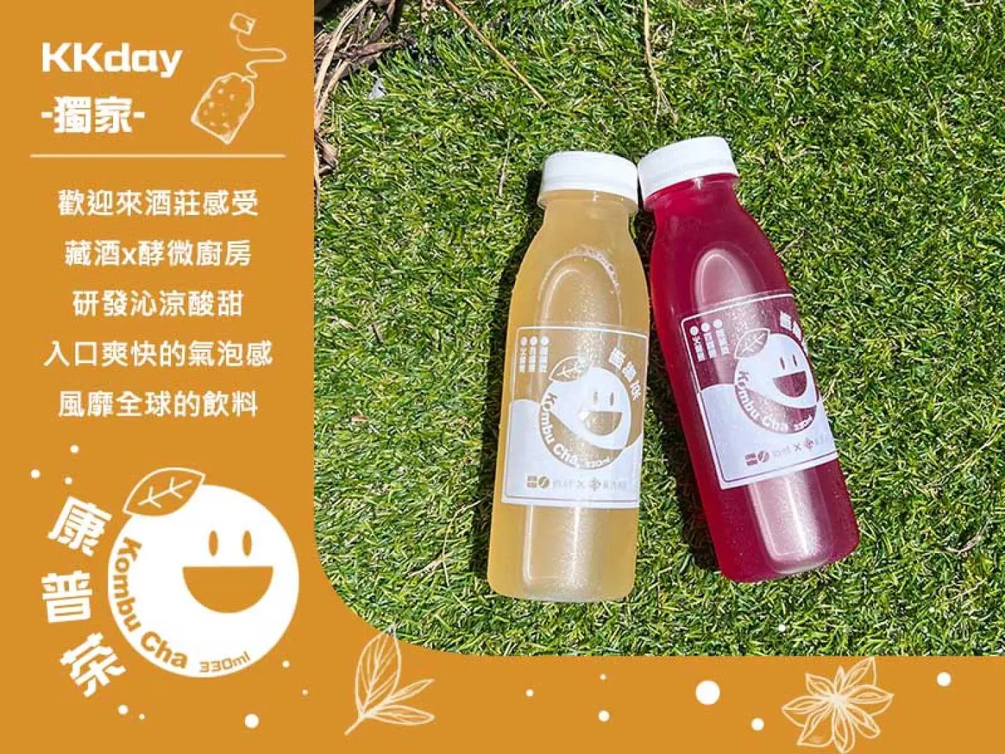 เครื่องดื่มคอมบูชาสุดพิเศษจากโรงบ่มไวน์ Cang Jiu แสดงขวดเครื่องดื่มสีเหลืองและสีแดงสองรสชาติ โดยเน้นความร่วมมือกับเกษตรกรรายย่อยและรสชาติที่สดชื่นจากการหมักตามธรรมชาติ
