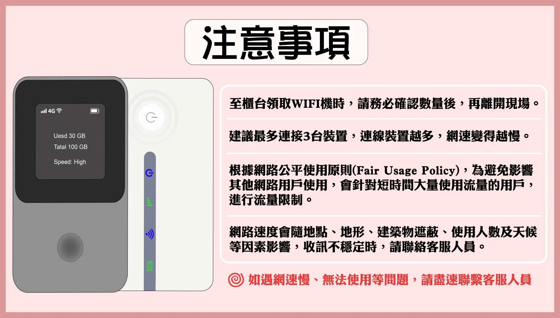 兩台輕巧的日本WiFi機（黑白款），並列展示重要的租借注意事項，確保旅客在日本旅遊時，能暢享4G高速無限上網服務。
