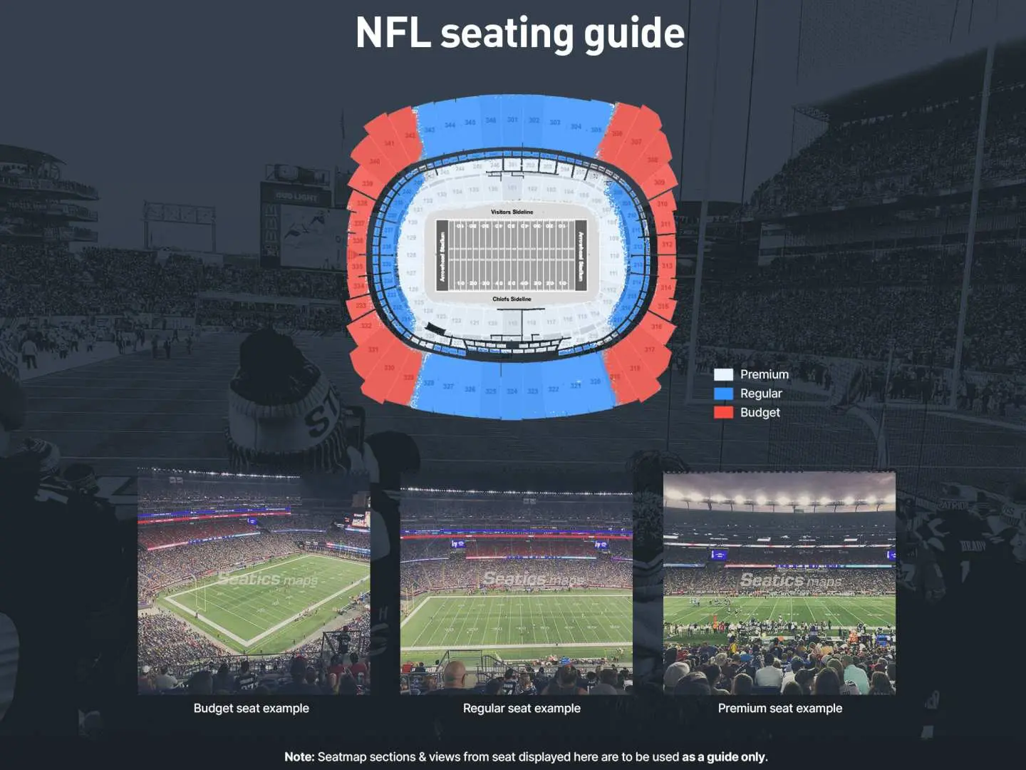 NFL seating guide for Caesars Superdome, illustrating different view types including Premium, Regular, and Budget seats for a New Orleans Saints game.