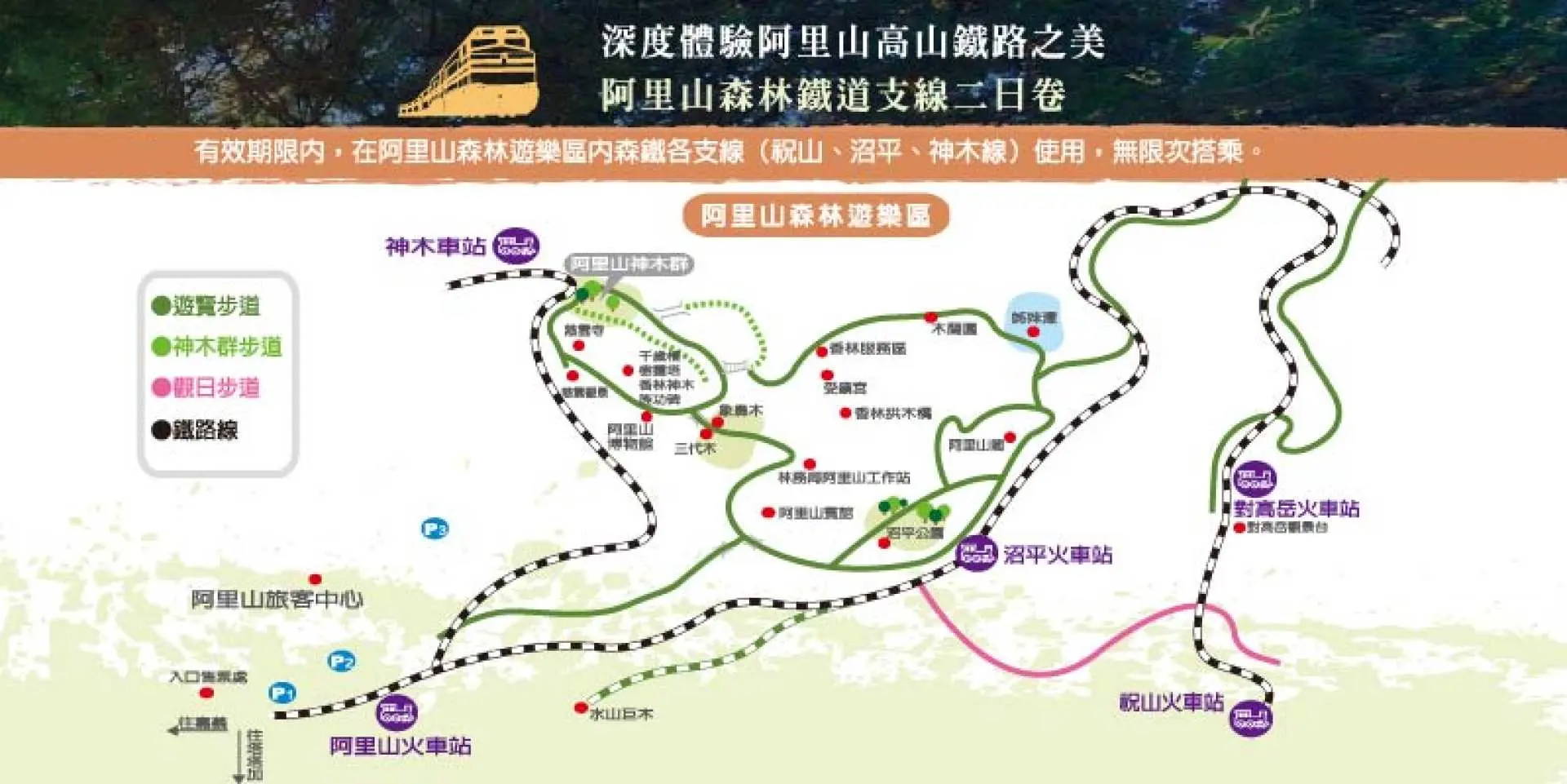 An Alishan Forest Recreation Area map, illustrating various hiking trails, Alishan Forest Railway branches (Zhaoping, Sacred Tree), and famous attractions like Sacred Tree Area and Zhaoping Park.