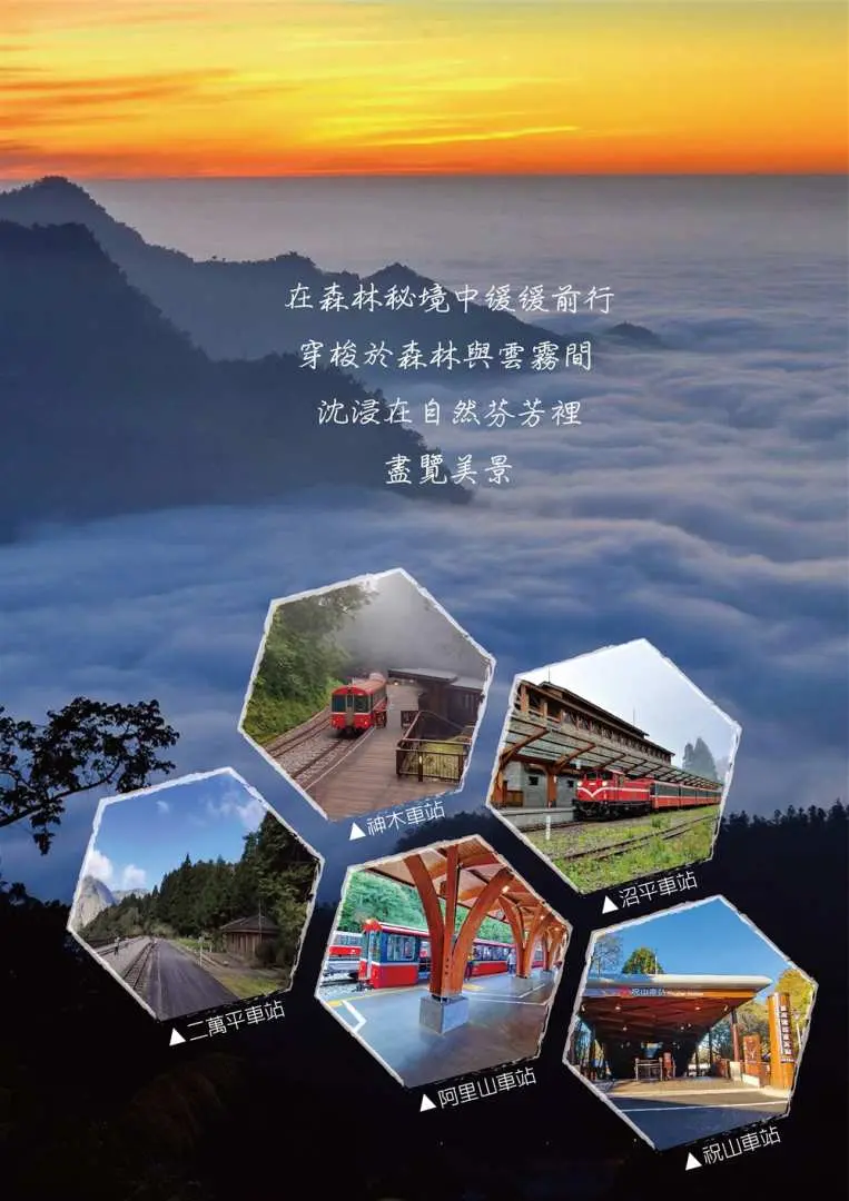 An overview of the Alishan three-day tour itinerary, featuring hexagonal images against a sunset cloud backdrop, highlighting tour elements like the train, stations, and lush forests.