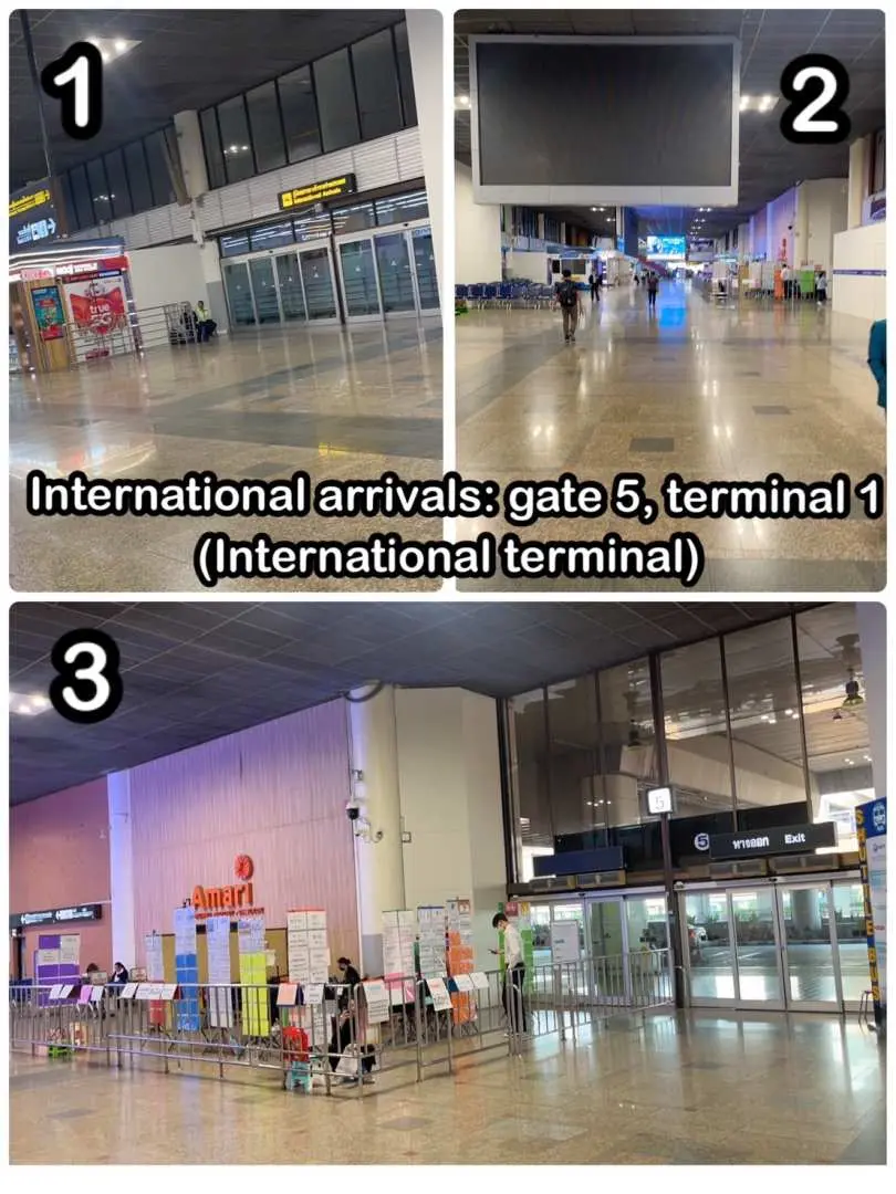 돈므앙 국제공항(DMK) 국제선 도착 1터미널 5번 게이트의 콜라주 사진으로, 개인 공항 환승 서비스의 명확한 만남 장소를 보여줍니다.