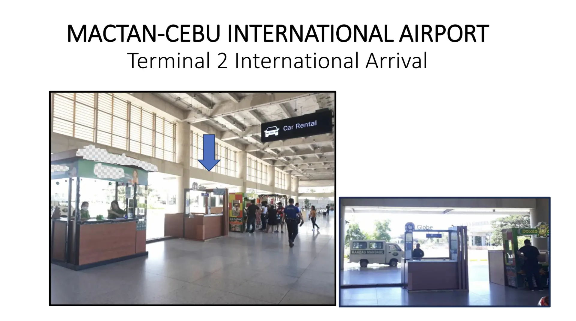 막탄-세부 국제공항 (CEB) 제2터미널 국제선 도착 픽업/샌딩 지점의 상세 안내도, 승객을 집결 지점으로 안내.