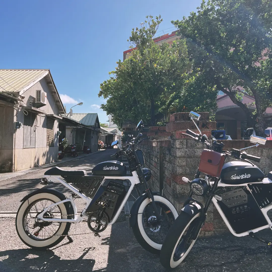 Two Pingtung Kenting Slow Bike electric-assisted bicycles parked in a Hengchun alley, with local distinctive buildings and green trees in the background, ideal for relaxed couple's exploration.