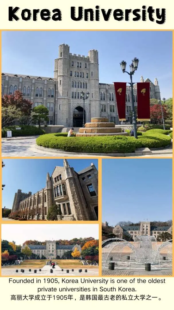 Collage of Korea University campus, showcasing its European-style main building, lush green environment, and key landmarks, reflecting the solemn and academic ambiance of this top Korean institution.