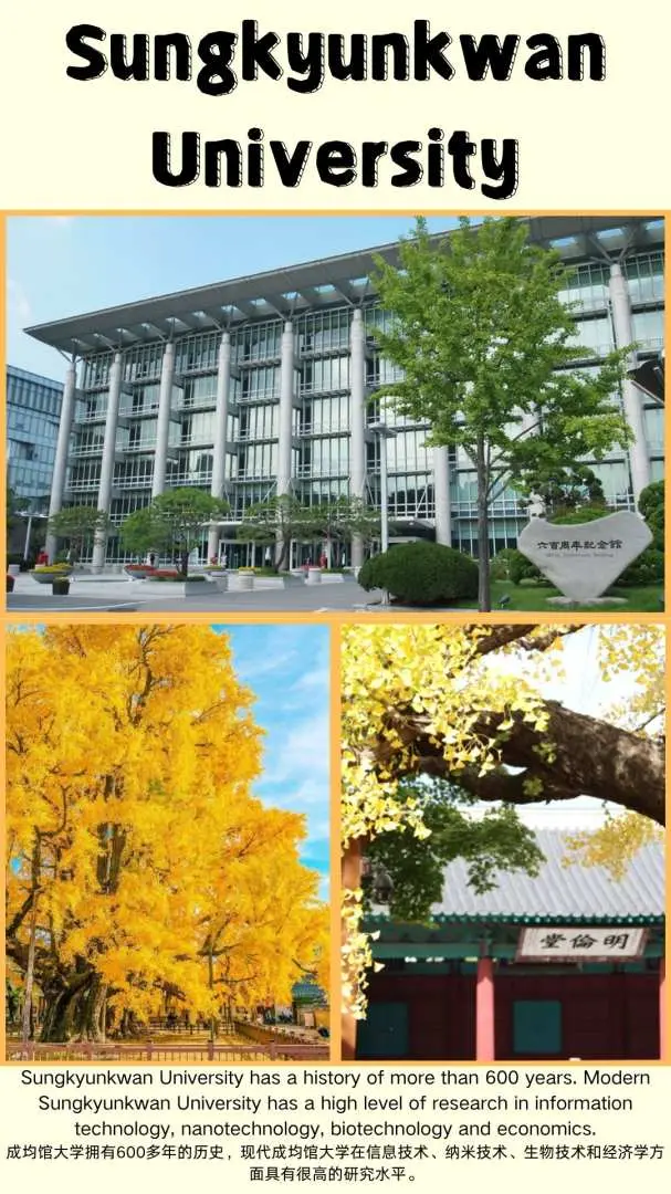 Collage of Sungkyunkwan University campus, showing modern buildings, golden ginkgo trees in autumn, and traditional gates, symbolizing its blend of classical and modern Korean academic heritage.