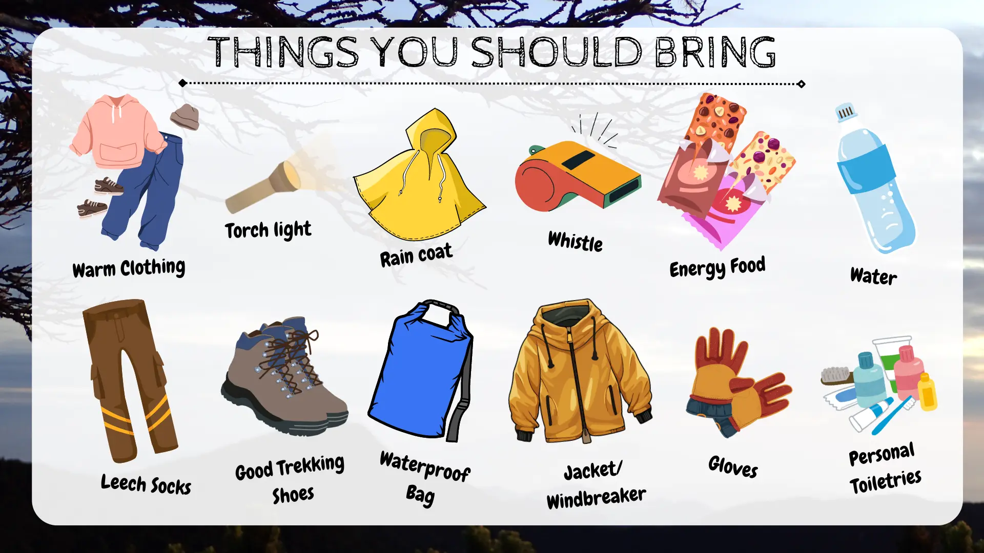 Essential packing list infographic for the Mount Trus Madi climb, showing necessary gear like warm clothing, trekking shoes, rain coat, and food, to prepare for a safe Sabah adventure.