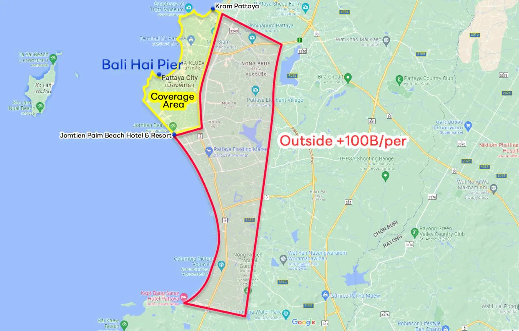 A map illustrating the pickup and drop-off coverage area for the Pattaya day tour, clearly marking the Pattaya city center and pier vicinity, along with areas incurring additional charges.