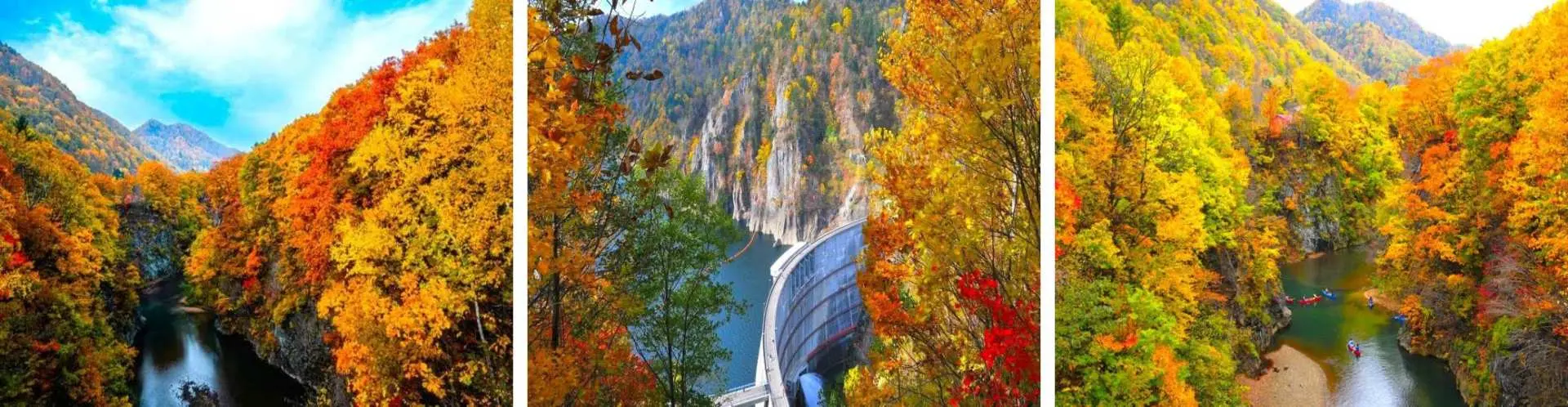 定山溪 · 水坝红叶谷 (停留约90分钟) 以丰平峡水库的深处为源头的丰平川的溪谷。这条川是流经札幌市中心的母亲之河。沿着溪流漫步，多彩的红叶将温泉街周遭的山景染上缤纷的色彩