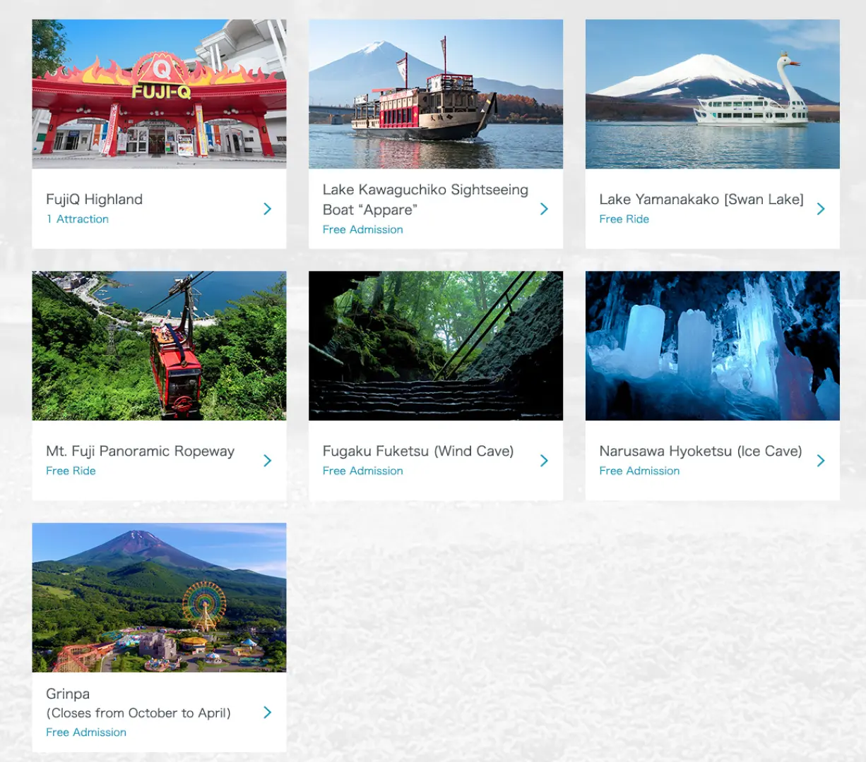 Grid displaying popular attractions covered by Mt. Fuji Pass, like Fuji-Q Highland and ropeway, highlighting free admissions.