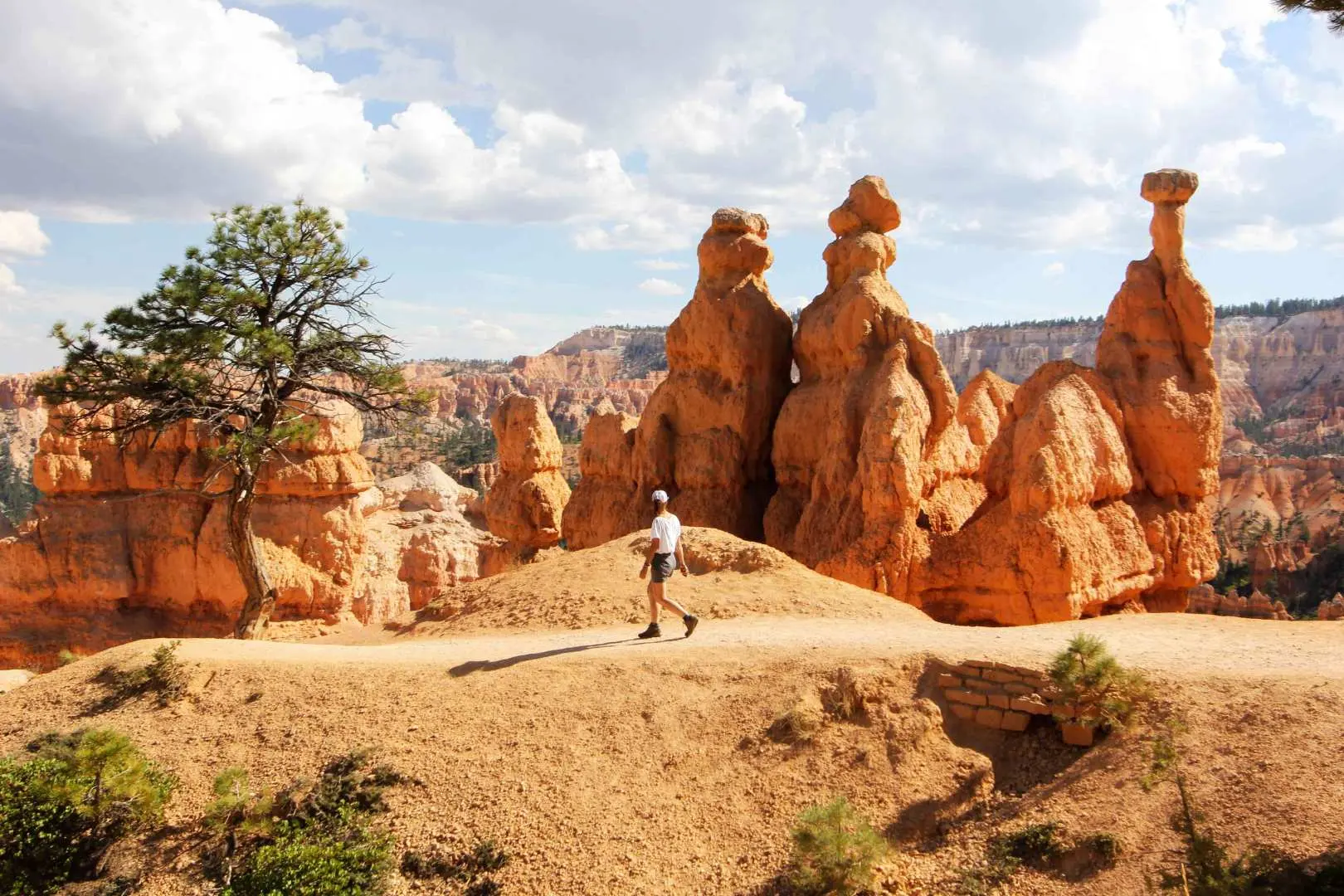 A hiker on a scenic trail in Bryce Canyon National Park, surrounded by unique orange hoodoo rock formations, enjoying an unforgettable outdoor adventure.