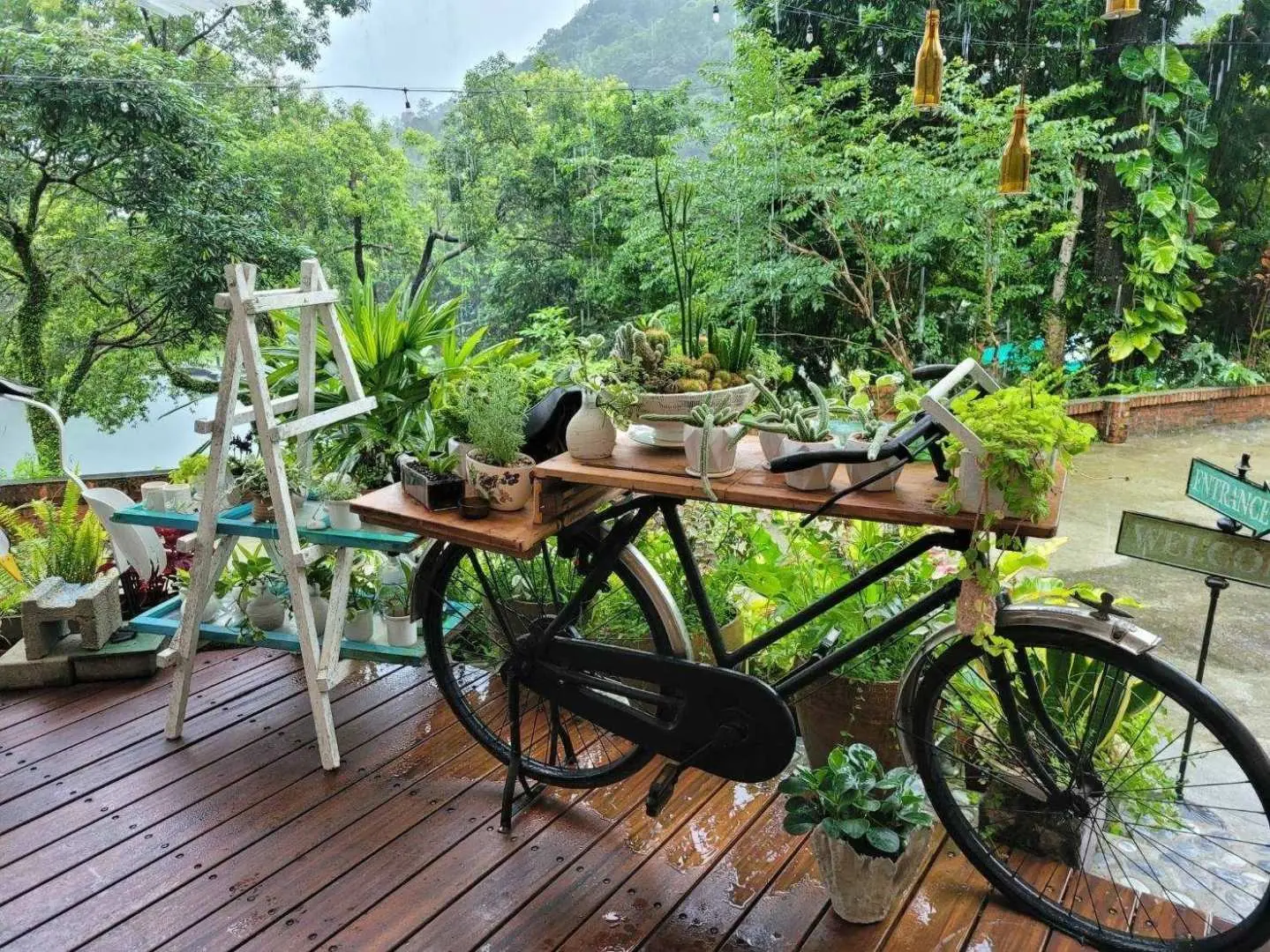 A unique bicycle floral art installation at Toucheng Leisure Farm, adorned with lush potted plants, adds natural ecology and creative aesthetics to the farm's landscape.