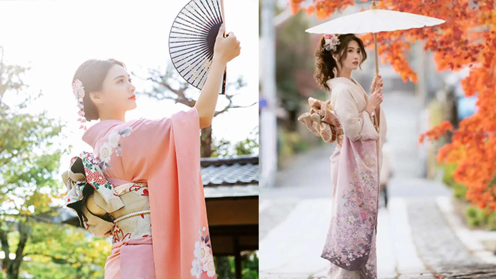 淺草和服浴衣租借，女士們穿著粉色系和服，手持扇子或紙傘，搭配可愛配件，於戶外景點和秋楓街道留下美麗倩影。