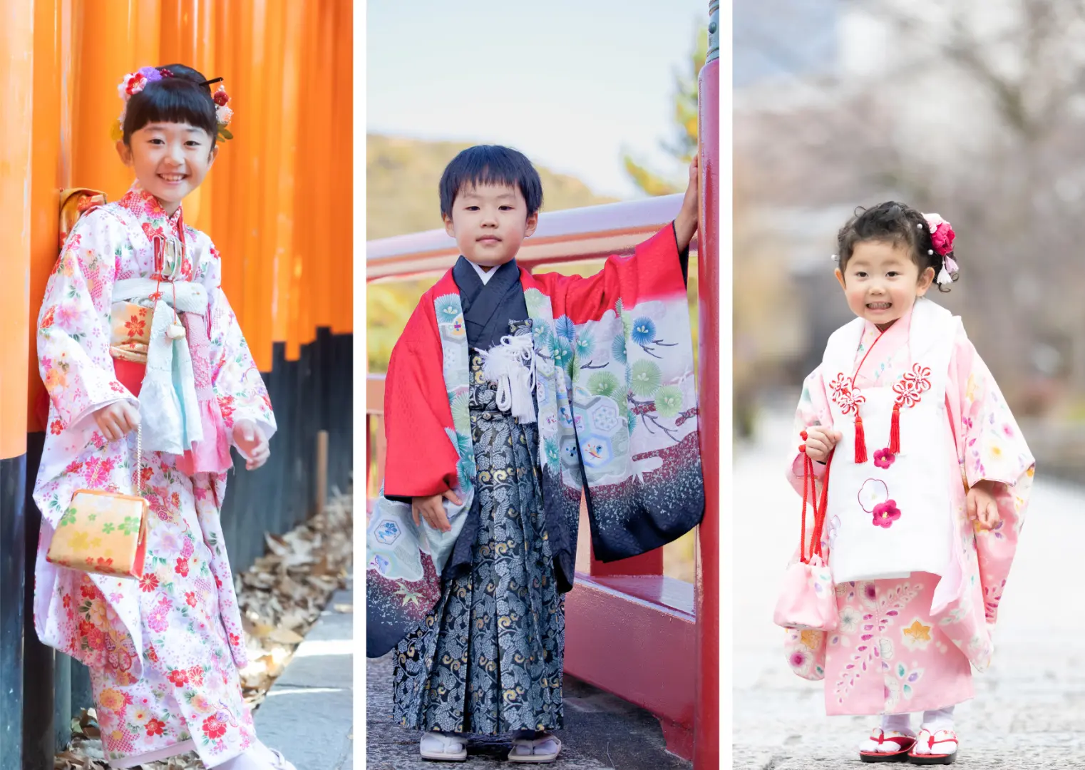 男性・子供着物・浴衣プラン（男女子供礼装着物）：女の子七歳、男の子五歳、女の子三歳の着物をご用意しています。