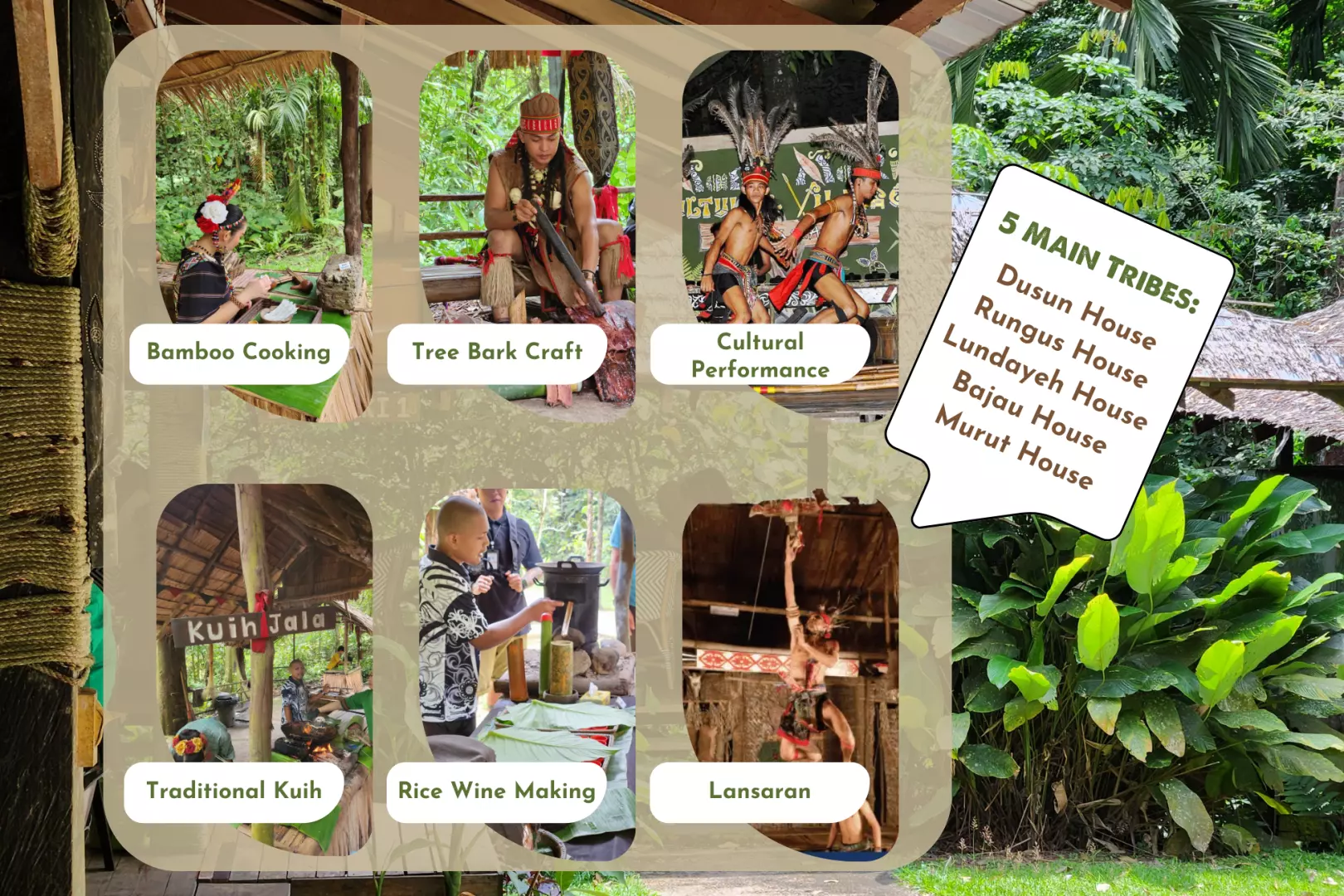 Collage highlighting diverse cultural activities at Mari Mari Cultural Village: bamboo cooking, bark craft, traditional performances, Kuih Jala making, and rice wine brewing experiences.