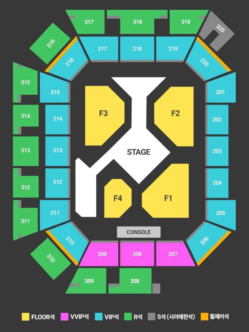 Detailed seating plan for the 2025 KGMA K-POP Awards at Incheon Inspire Arena, illustrating various sections including floor, VVIP, and tiered seating around the central stage, optimizing viewing experience for a Seoul departure package.