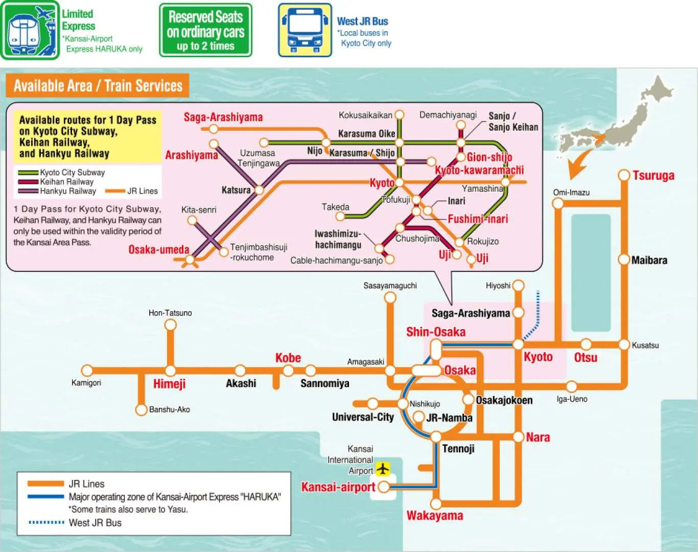 English Kansai transportation map for JR Kansai Area Pass, showing JR, HARUKA, Kyoto Subway, private railways.