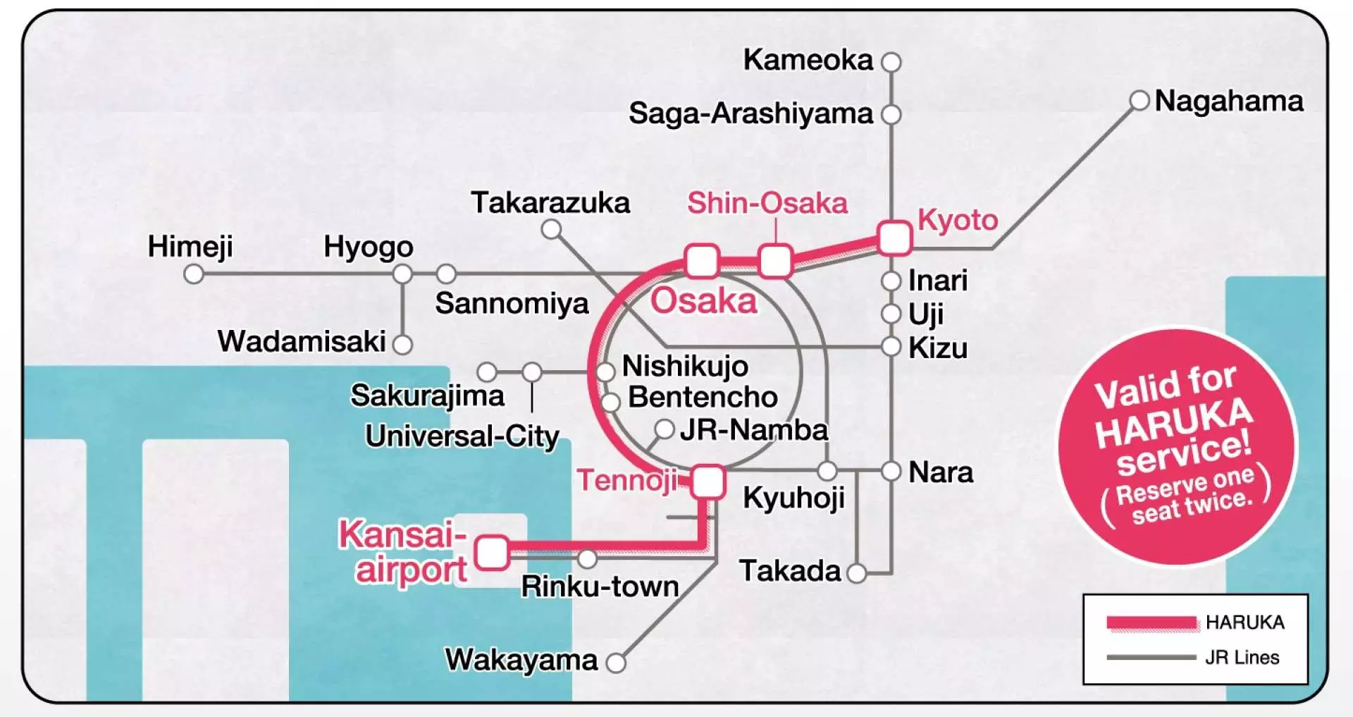 English route map for JR Kansai Area Pass, showing HARUKA express and JR lines from Kansai Airport.
