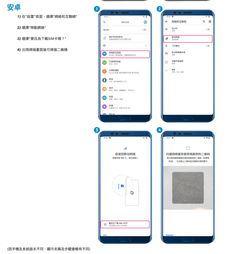 安卓手機 eSIM 掃描 QR Code 安裝設定步驟圖解，從網路設定到掃碼啟用，輕鬆體驗歐洲高速上網服務。