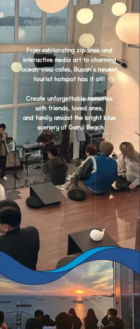 Vertical promotional banner for Taejongdae Ocean Flying Theme Park's 'Thrill On The Mug' cafe, showcasing its interior, live performances, and stunning sunset sea views.