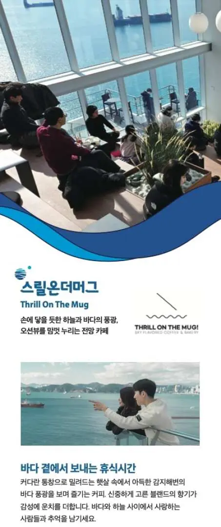 태종대 오션 플라잉 테마파크 '스릴 온 더 머그' 카페의 일본어 세로형 홍보 배너. 카페 내부, 커플의 바다 전망, 라이브 공연을 선보입니다.