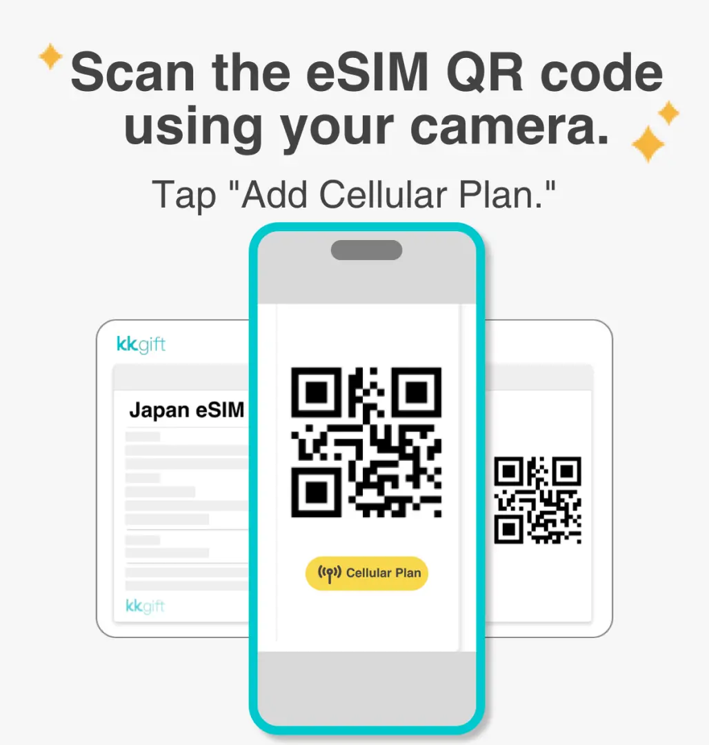 English phone screen demonstrating the KKday eSIM card installation steps, guiding users to scan the QR Code with their camera for quick setup of Singapore, Malaysia internet.