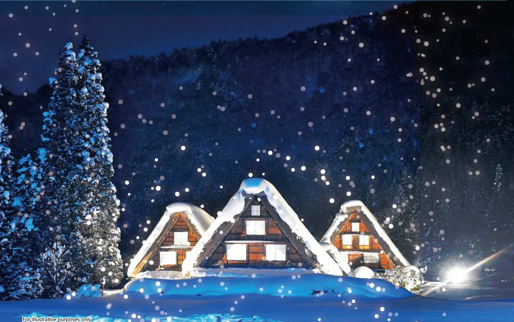 白川鄉合掌村夜間點燈的夢幻景色，三棟積雪茅草屋頂建築在飄雪中閃耀溫暖光芒，展現世界遺產的冬季魅力。