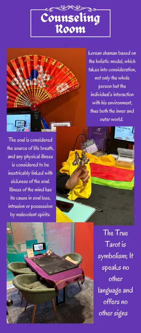 Infographic detailing the Seoul Fortune Telling Hiking Tour consultation room, showcasing shamanic ritual objects, a traditional fan, and a modern Tarot card reading table setup.
