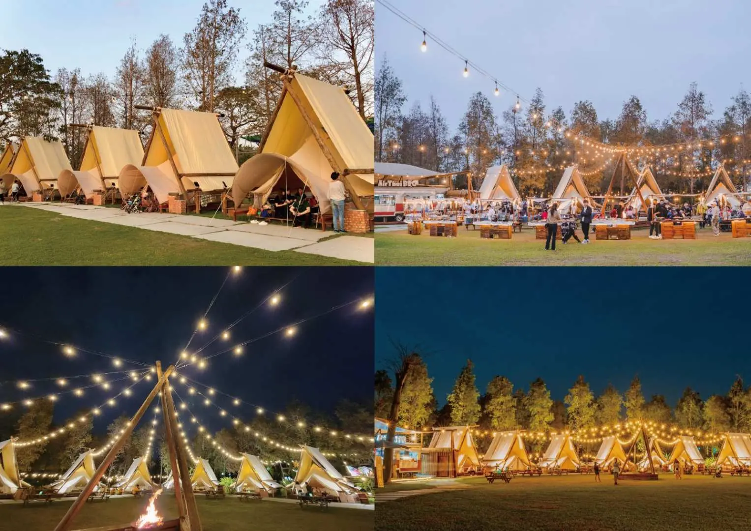 A four-panel collage showcasing Kaohsiung Jingyuan Farm's New Year's Eve celebration, featuring Nordic tents from day to night, starlight BBQ, and the vibrant atmosphere created by brilliant lights.