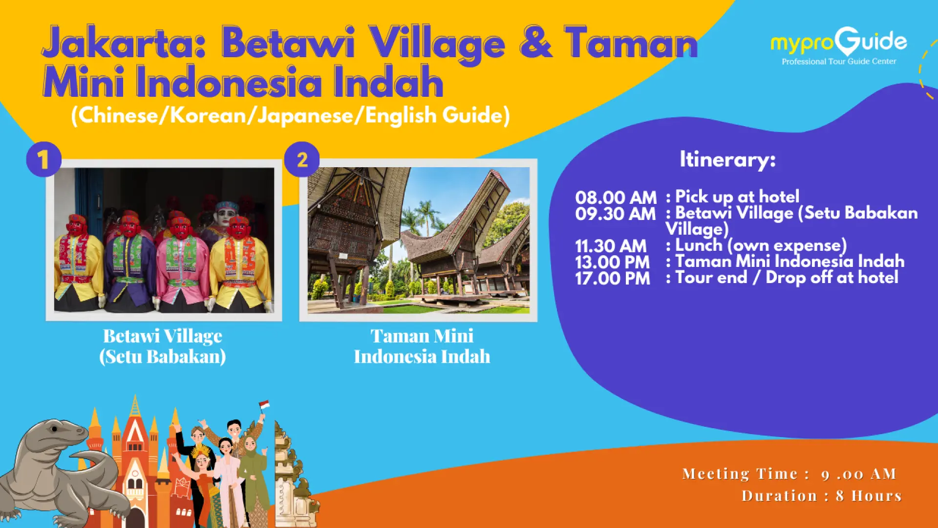 Detailed itinerary for Jakarta's Betawi Village & Taman Mini Indonesia Indah tour, outlining cultural experiences, visit times, and inclusions like multi-language guides and hotel transfers.