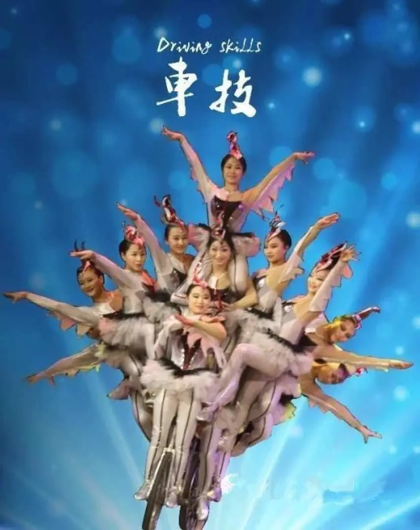北京紅劇場《絕技秀之蜀國英雄》雜技中的“車技”節目，多名雜技演員在藍色背景下巧妙地堆疊，展現精湛的平衡和協調能力，構成生動造型。