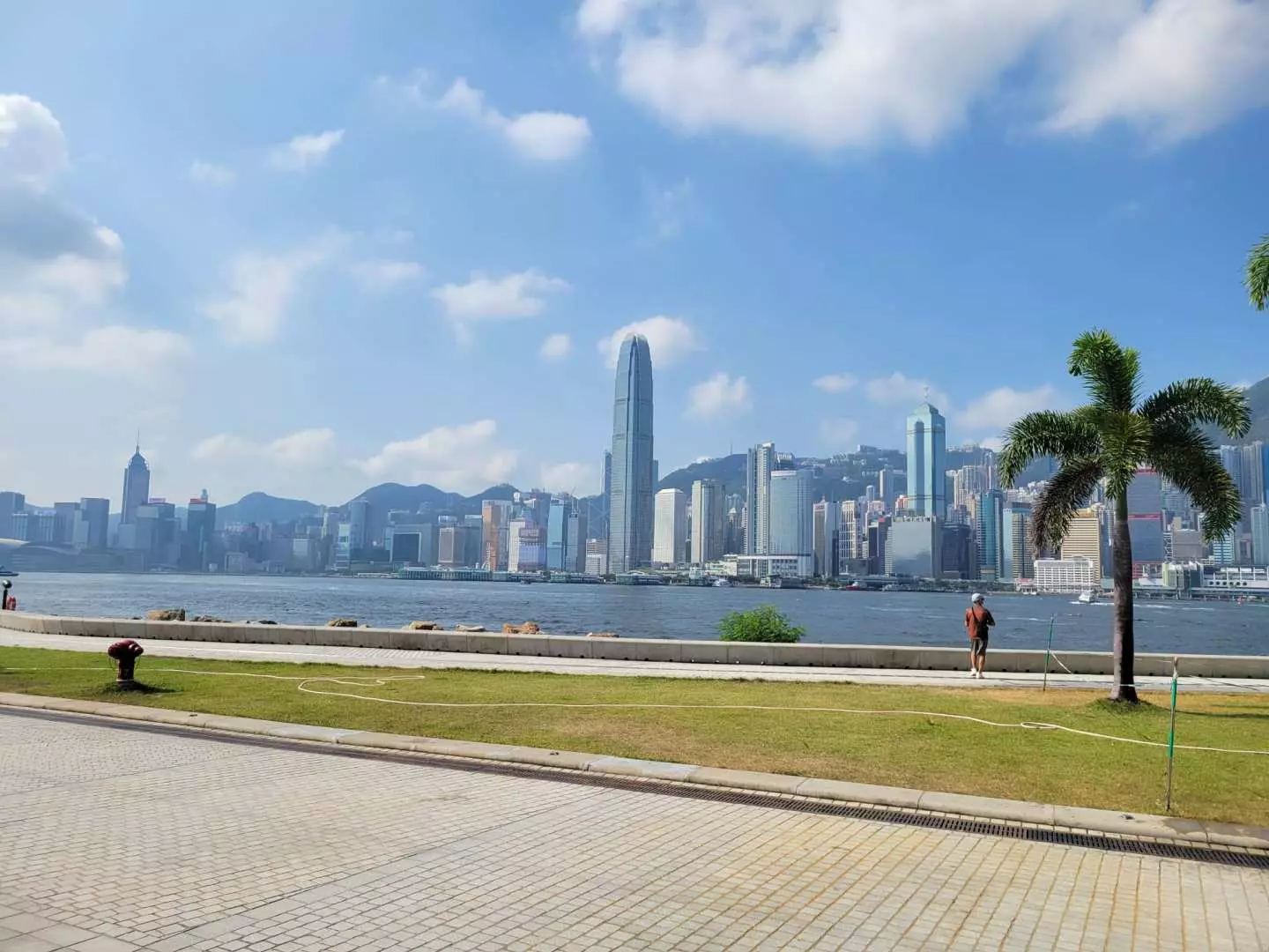 香港維多利亞港晴朗日間，碧海藍天與壯麗城市天際線，遊客可沿海濱欣賞風景。